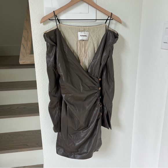 Nanushka Moha Faux Leathet Long Sleeve Off the Shoulder Mini Dress in Brown - Picture 6 of 10